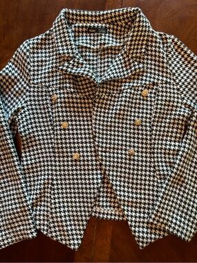 Navy Houndstooth Double-Breasted Jean Jacket with Gold Buttons